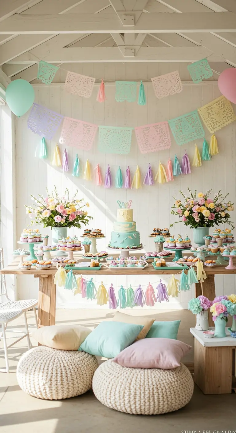 A pastel-themed dessert table with light-colored papel picado and tassel garlands.