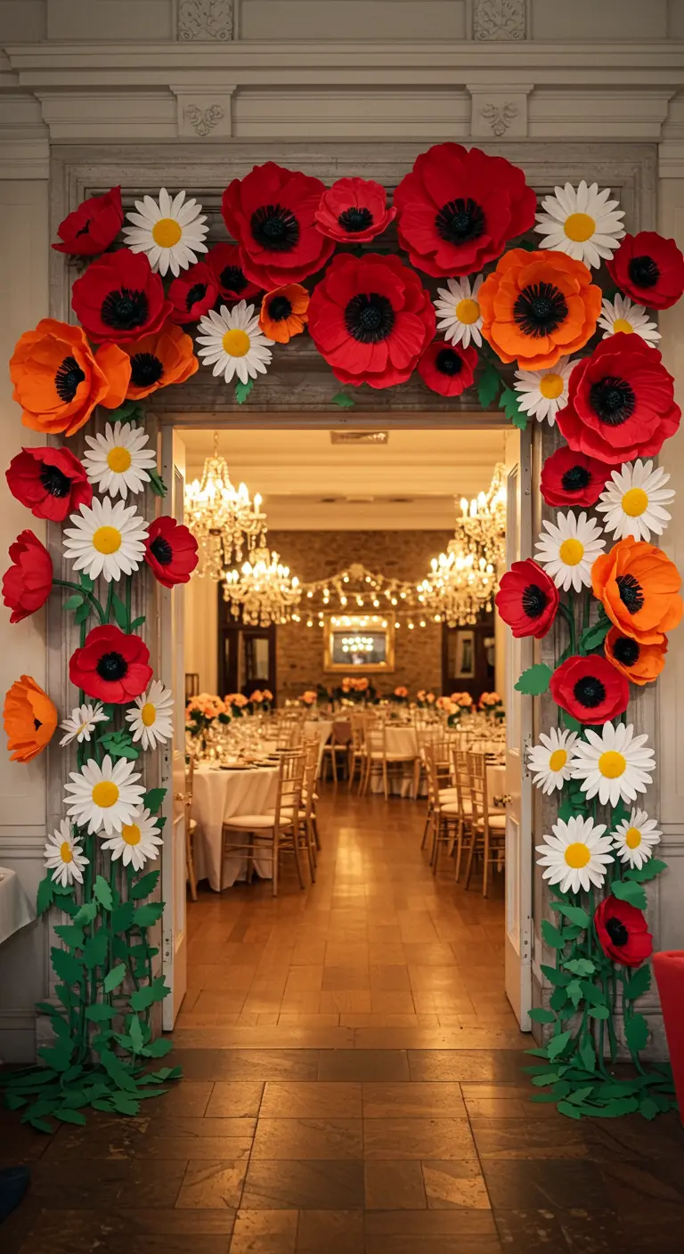 A doorway framed with oversized red paper poppies and white daisies, leading into a party.