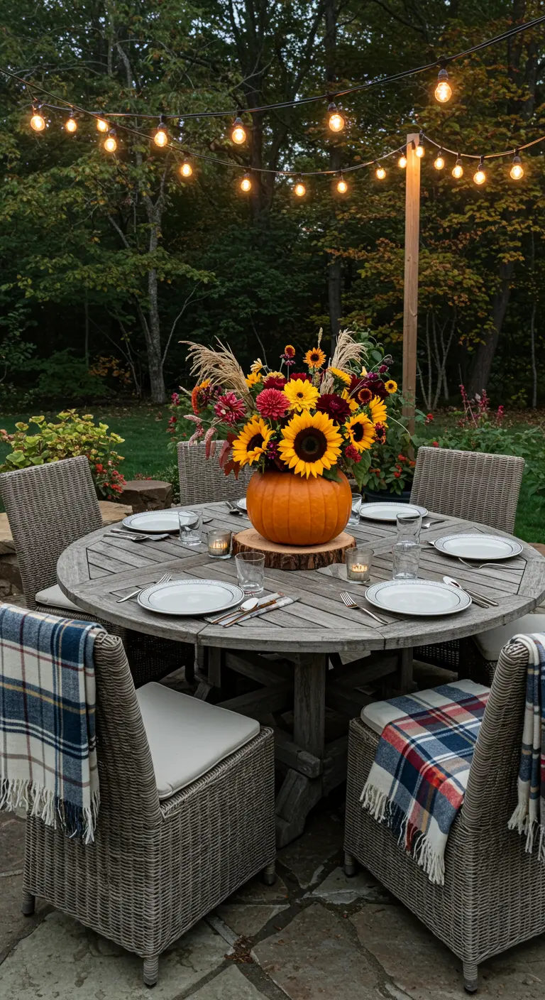 Outdoor dining table with a pumpkin vase centerpiece filled with sunflowers under string lights.
