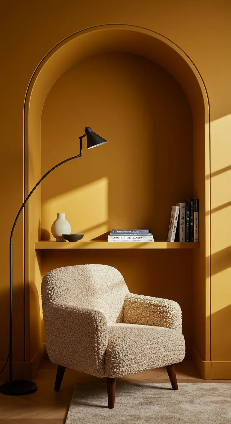 A reading nook in a mustard-yellow painted arch with a bouclé chair.