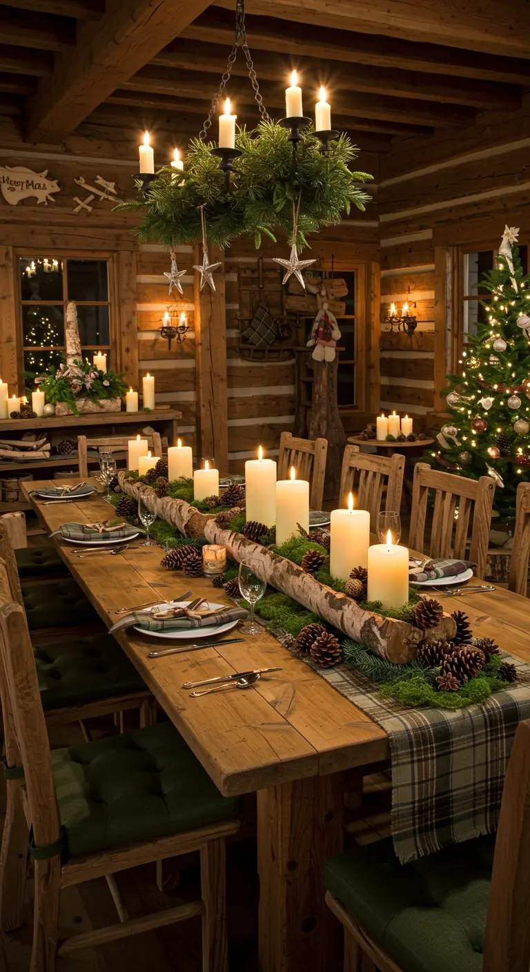A rustic log with holes for candles serves as a centerpiece on a long wooden dining table.