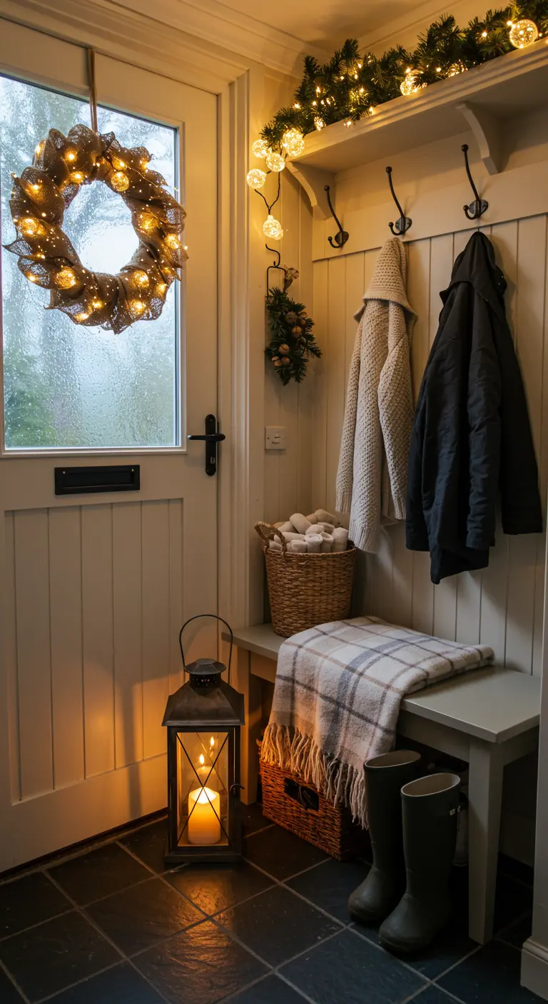 Cozy mudroom entrance with a lit burlap wreath, globe lights, and a lantern.