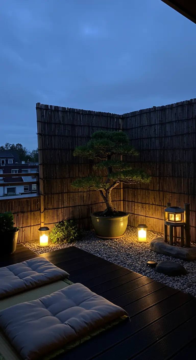 A Japanese-inspired balcony at night with a bonsai tree, gravel, and low lanterns.