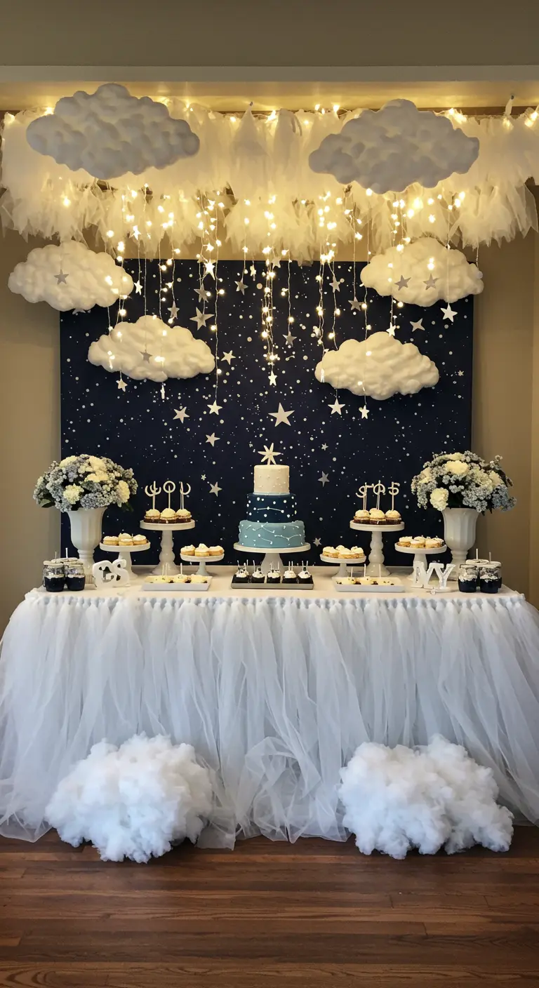 Dessert table with a starry night backdrop, tulle clouds, and fairy lights.