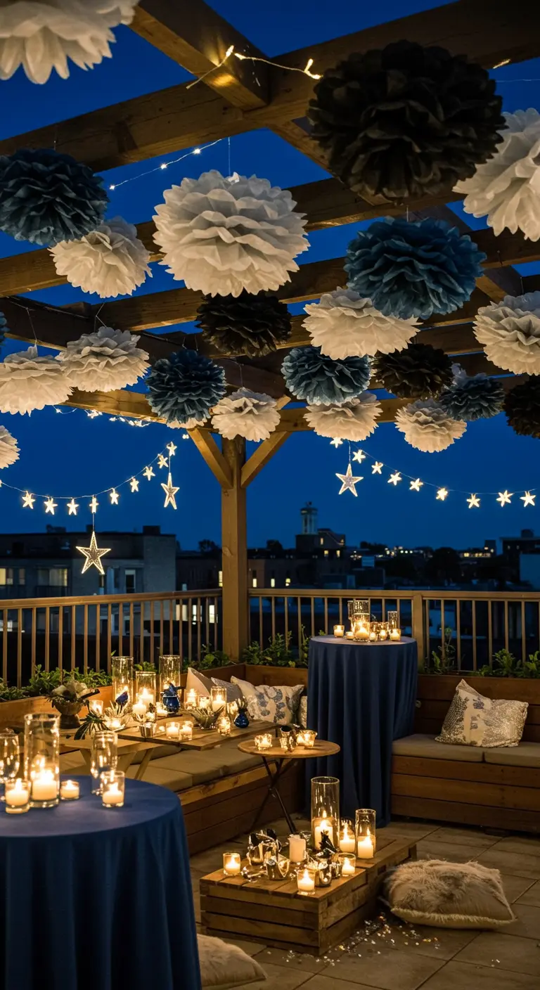 A rooftop party with blue, black, and white pom-poms mixed with star-shaped lights.