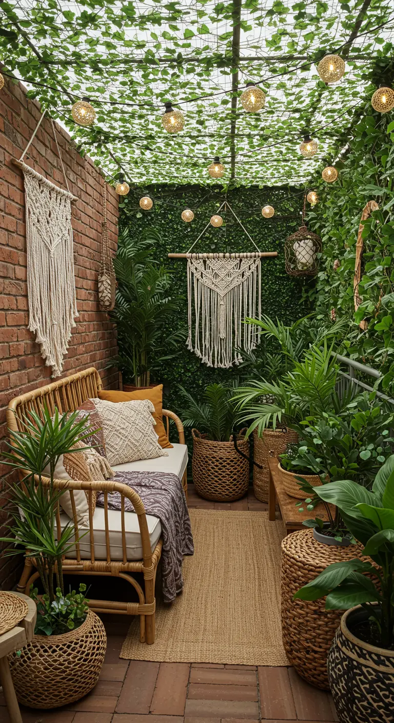 A boho-style balcony with a rattan bench, macrame wall hangings, and lush greenery.