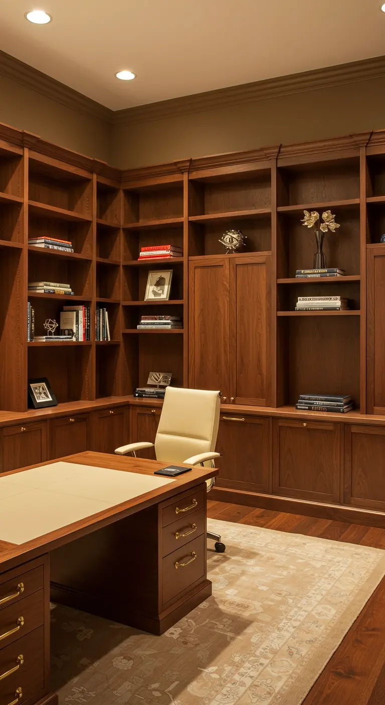 A traditional home office with dark wood built-in bookshelves and a large wooden desk.