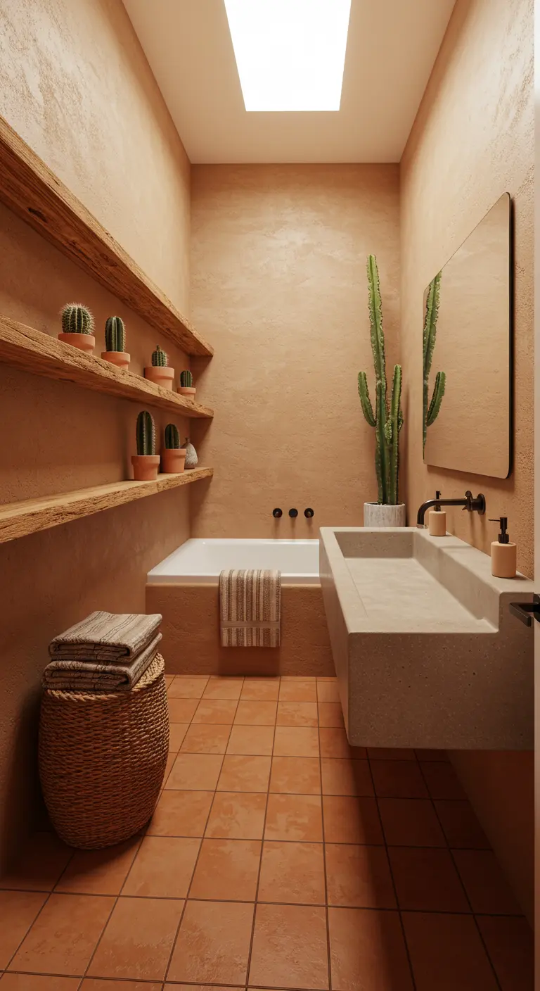 Desert-modern bathroom with terracotta walls, raw wood shelves, and cacti.