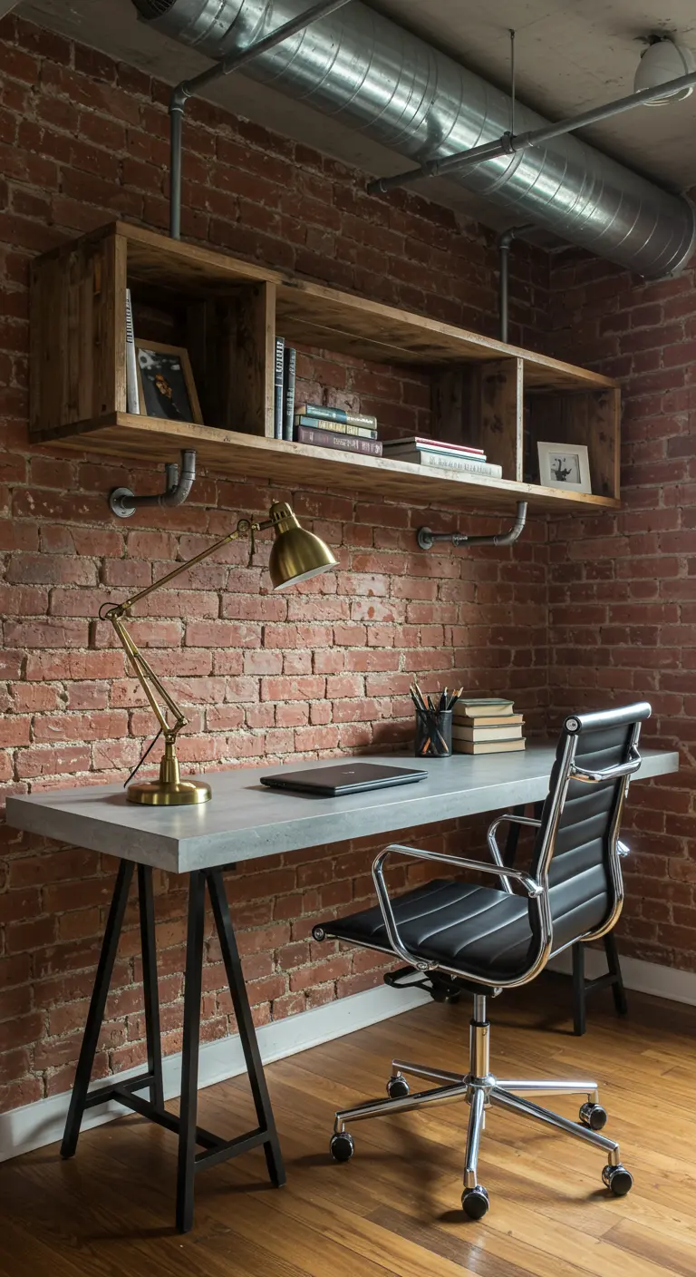Home office with an exposed brick wall, pipe shelving, and a concrete-topped desk.