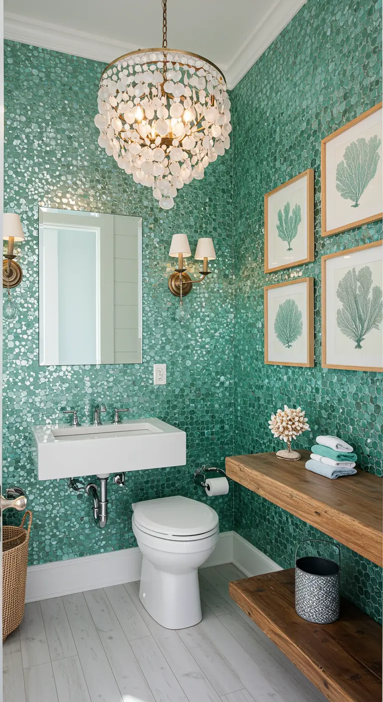 Powder room with floor-to-ceiling aqua penny tile and floating wood shelf.