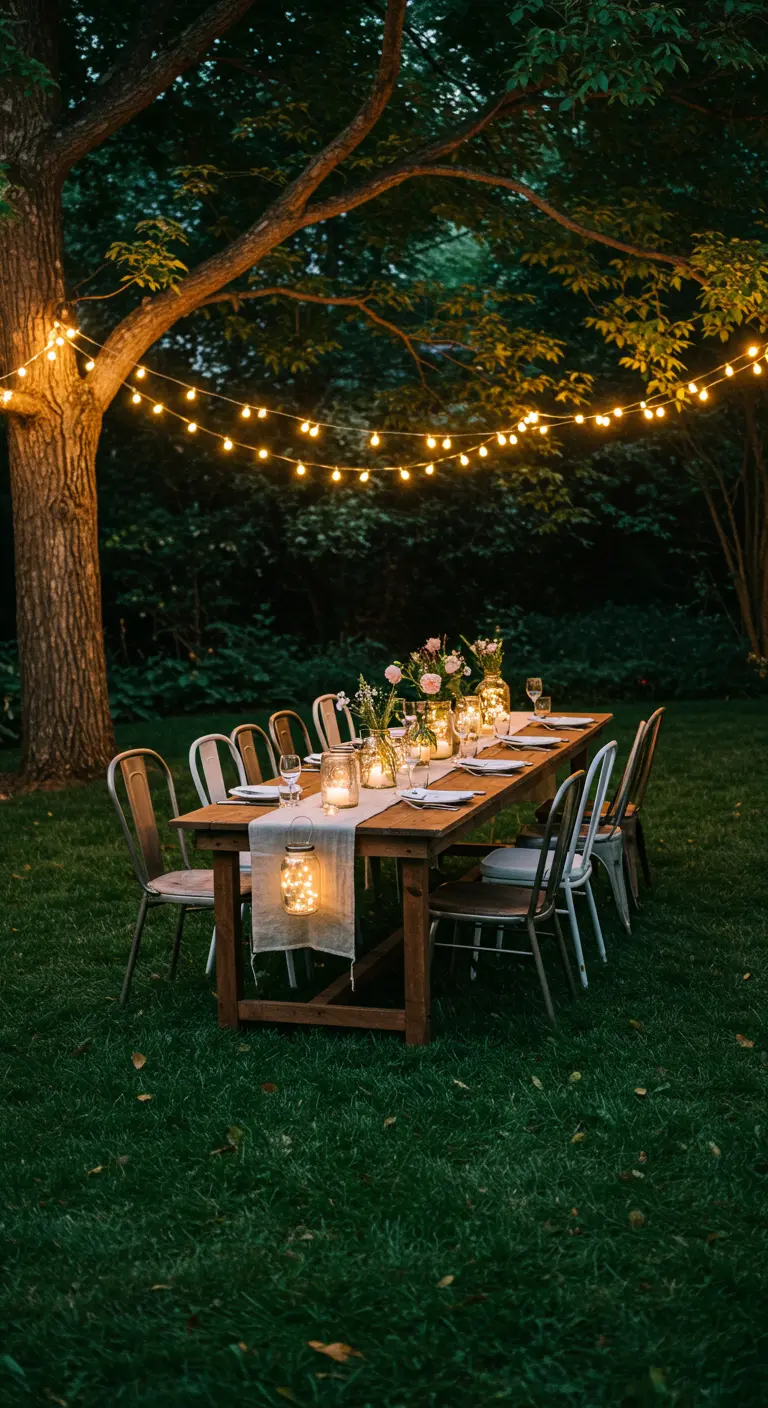 An outdoor dining table at dusk set under string lights hanging from a large tree.