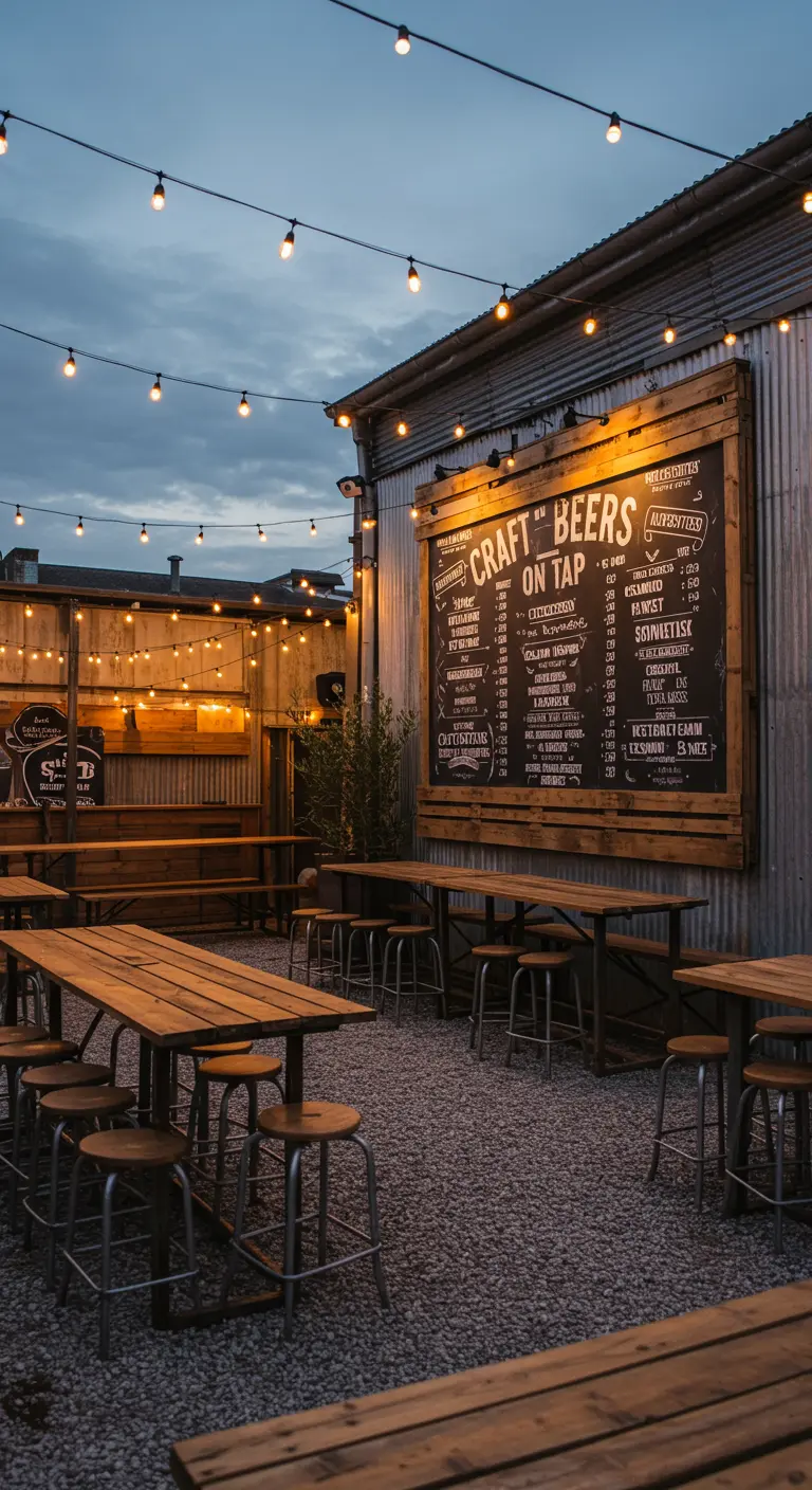 A large chalkboard beer menu in a rustic beer garden with string lights.