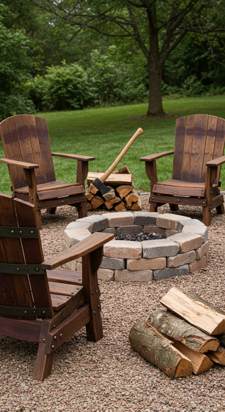 Chairs made from dark wooden barrel staves surrounding a brick fire pit on a gravel base.