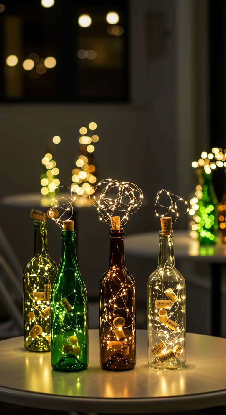 Four wine bottles of different colors filled with fairy lights, sitting on a table.