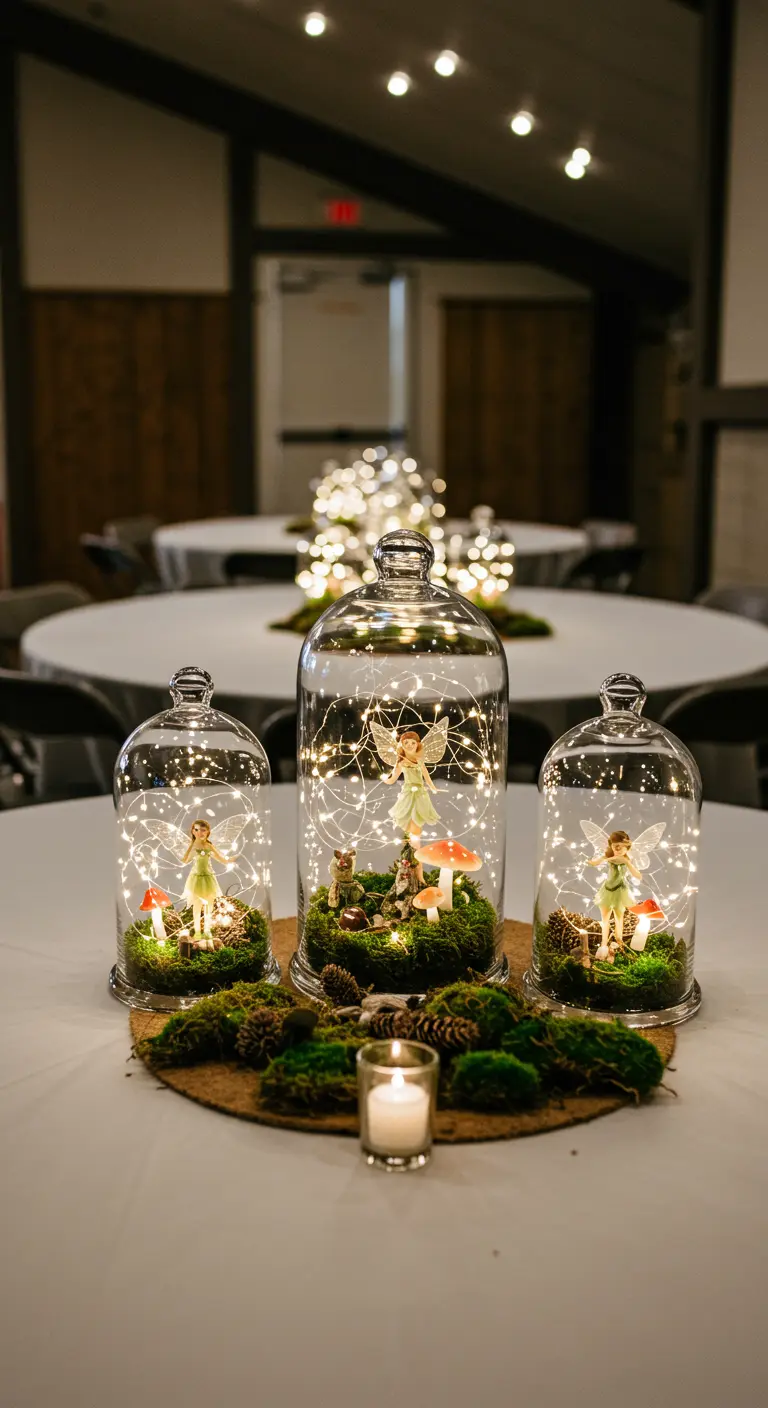 Glass cloche centerpieces with fairies, moss, and lights inside.