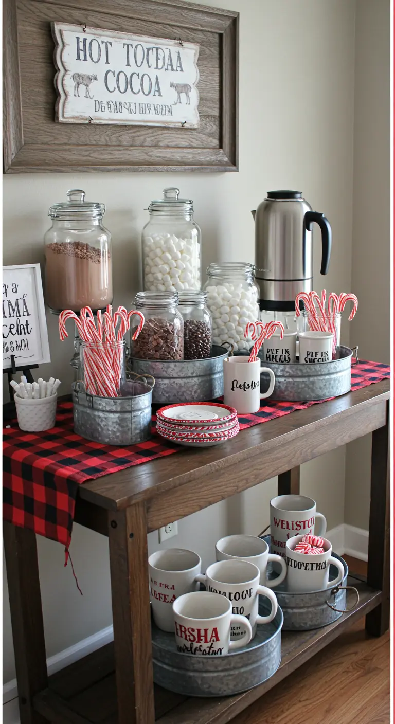 A festive hot cocoa bar with galvanized trays on a red buffalo check runner.