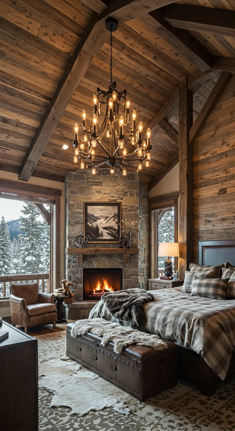 Cozy, wood-paneled bedroom with a large stone fireplace and plaid bedding.