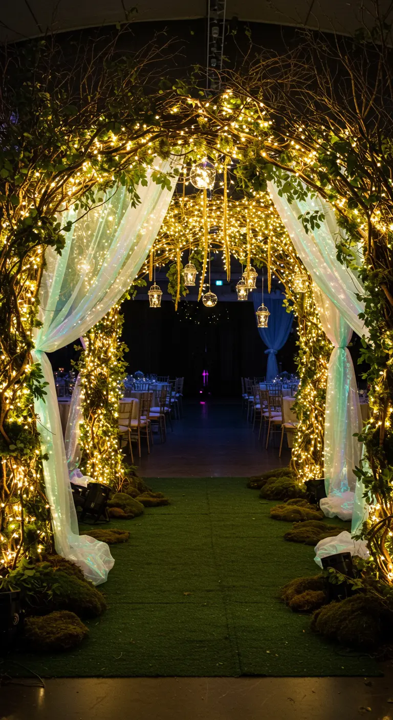 A grand entrance arch made of branches, fairy lights, and draped green fabric for a party.
