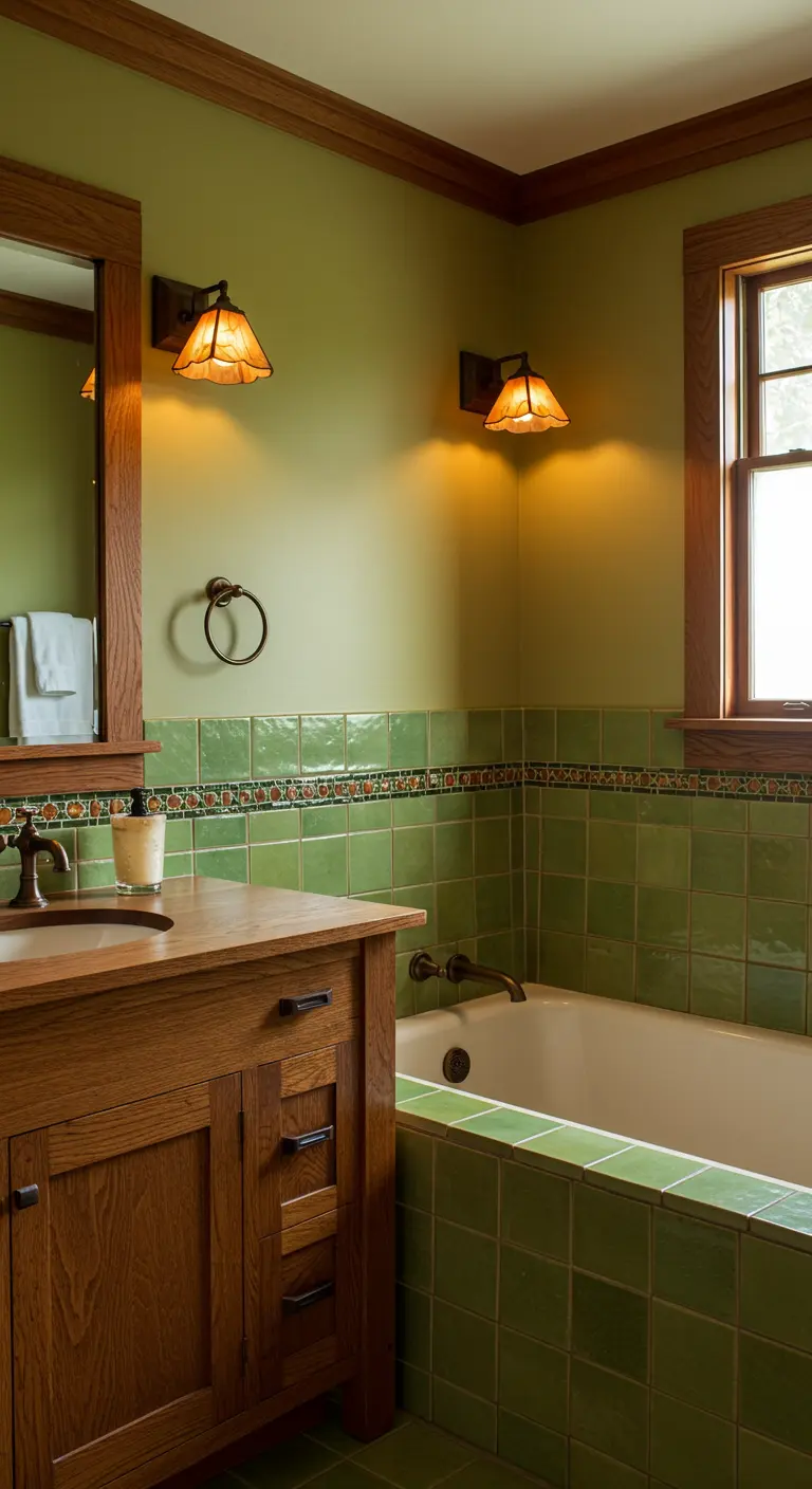 Arts and Crafts style bathroom with green tiles, an oak vanity, and amber light fixtures.