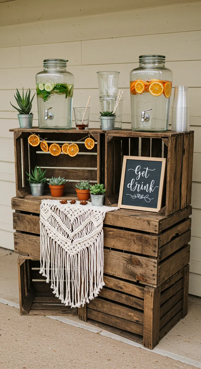 Drink station made of stacked wooden crates with glass dispensers, succulents, and a chalkboard sign.