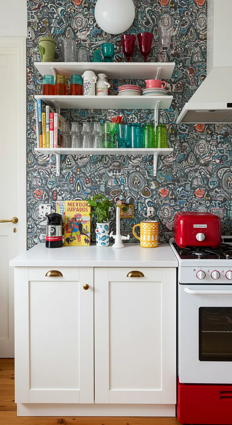 A small kitchen with bold patterned wallpaper, white cabinets, and colorful glassware on shelves.