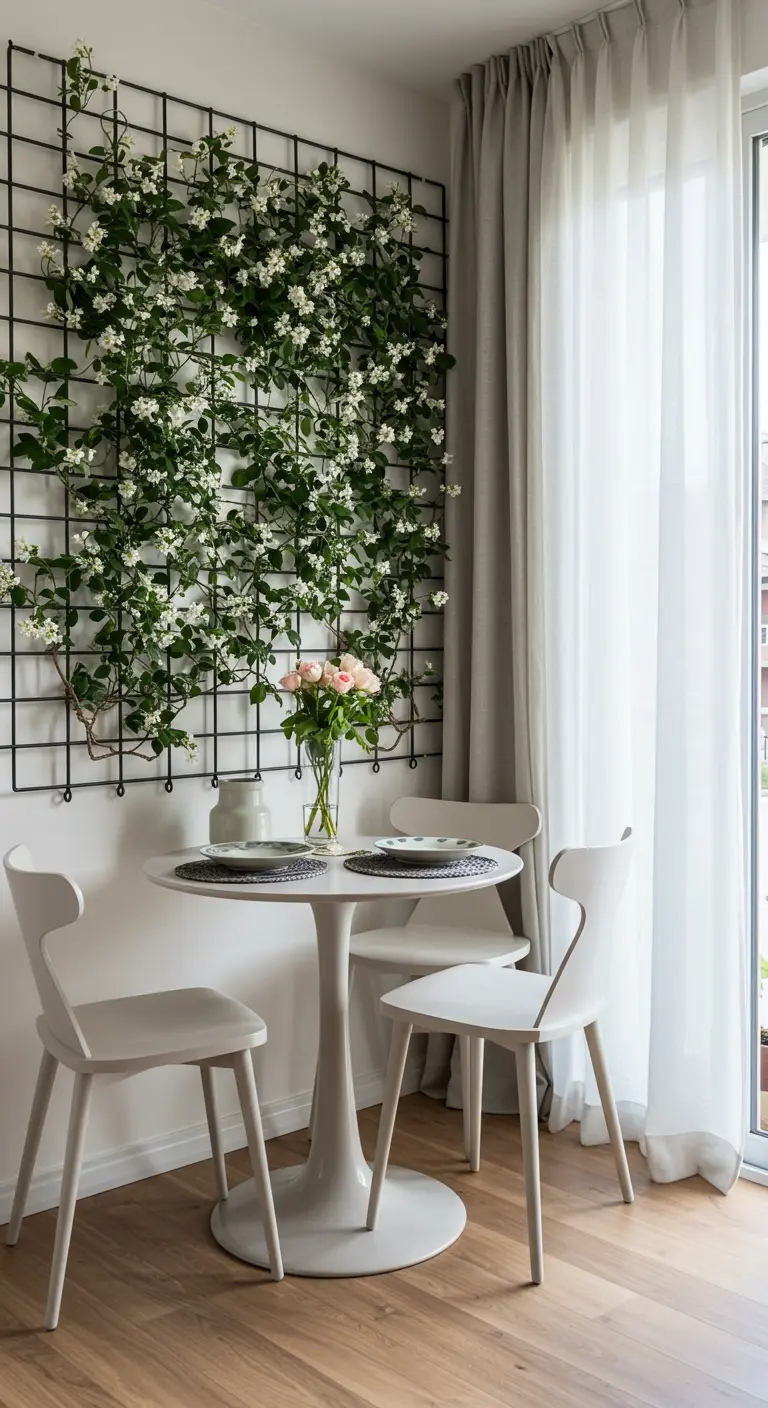 A small white dining table set against a wall with a black metal trellis covered in flowering vines.