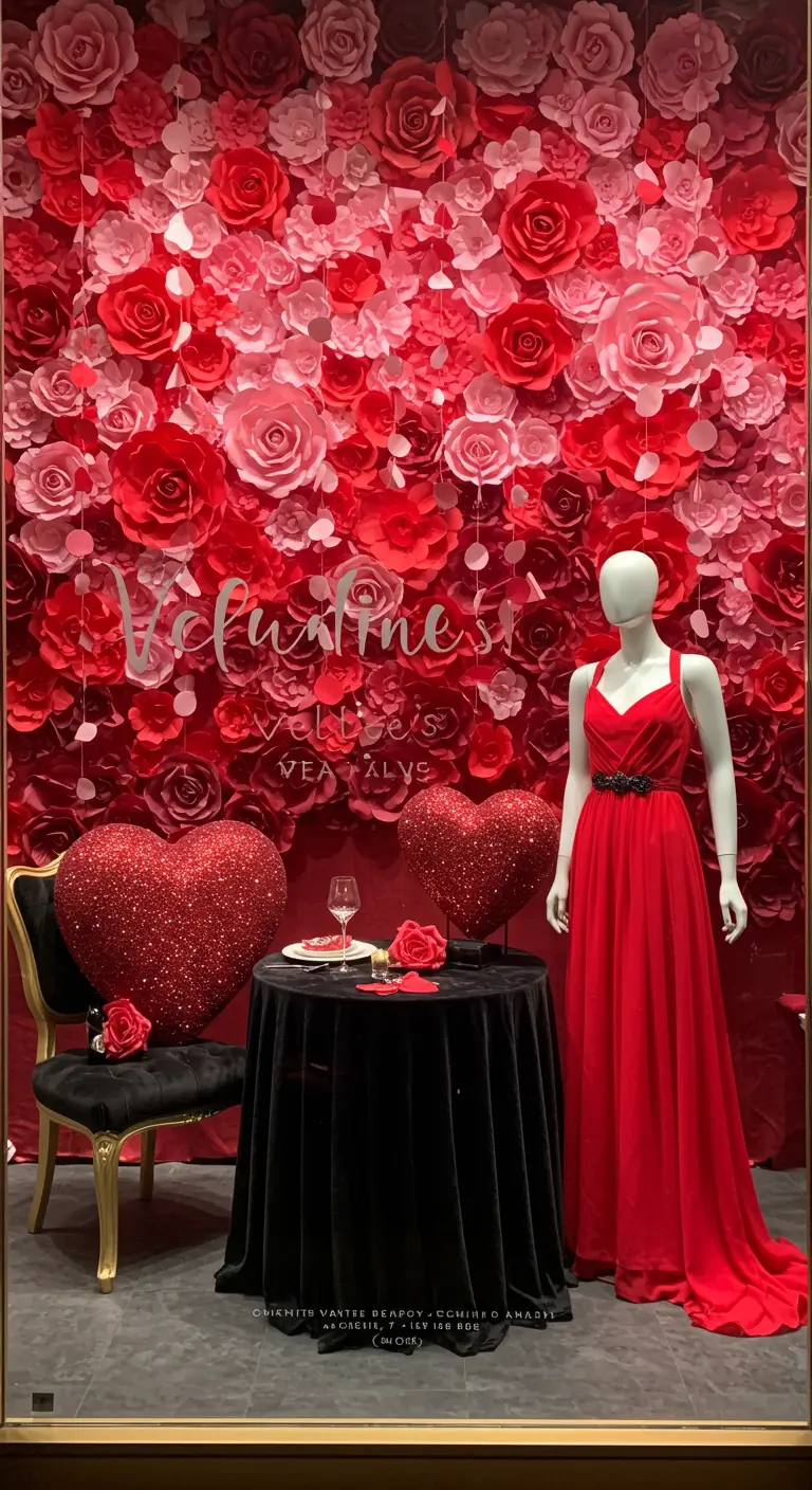 A floor-to-ceiling wall covered in handmade red and pink paper flowers, with a mannequin in a red dress.