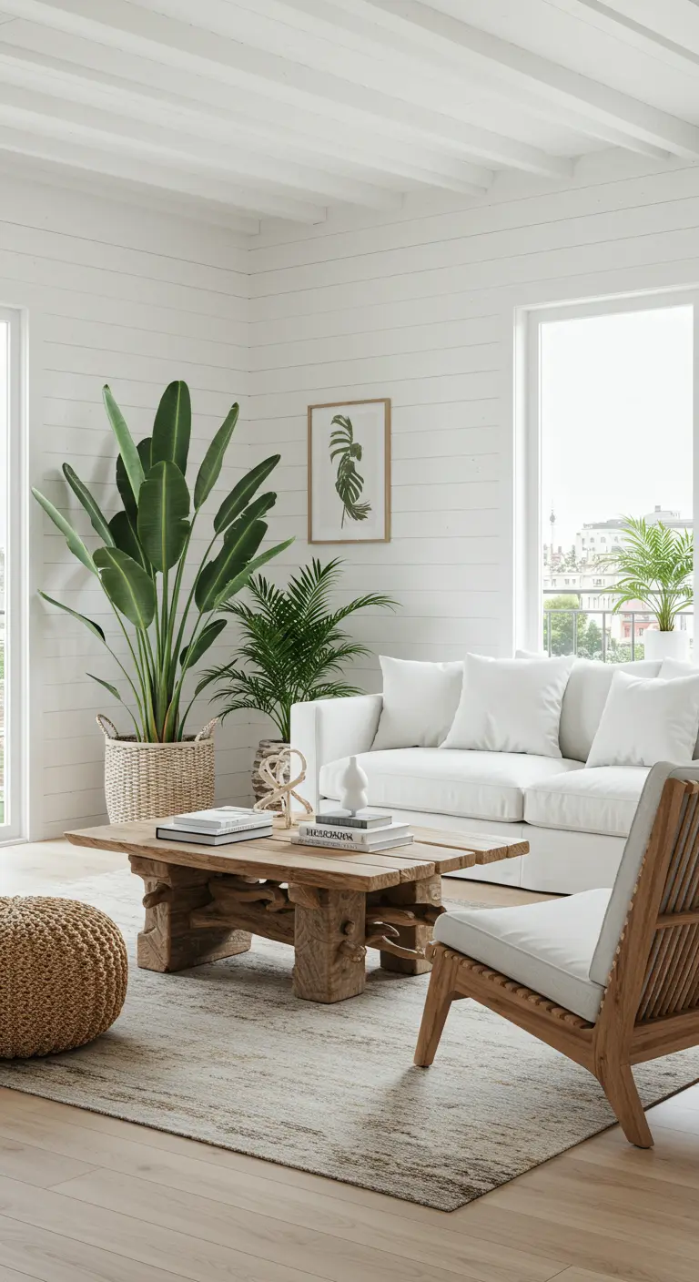 A bright, coastal-inspired living room with white shiplap walls and a large Bird of Paradise plant.