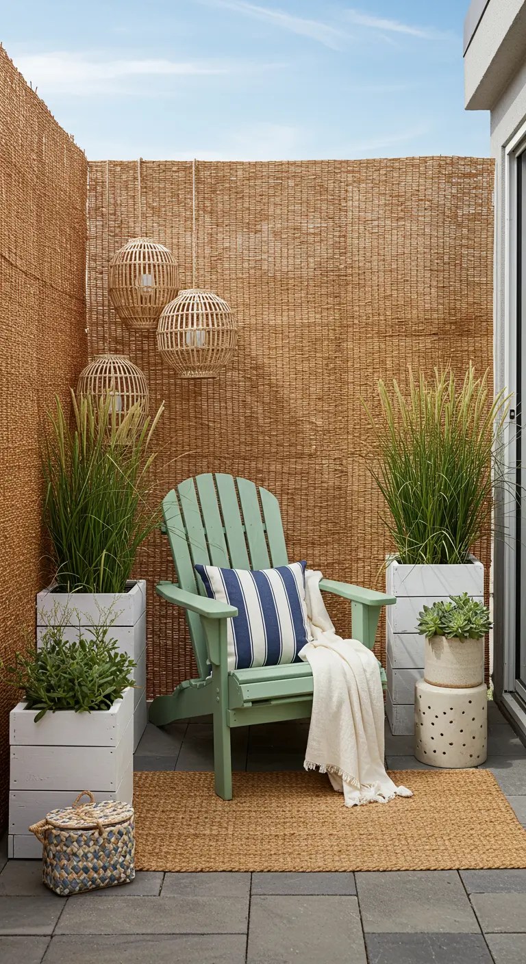 A coastal-themed balcony with a straw screen, a green Adirondack chair, and tall grasses.