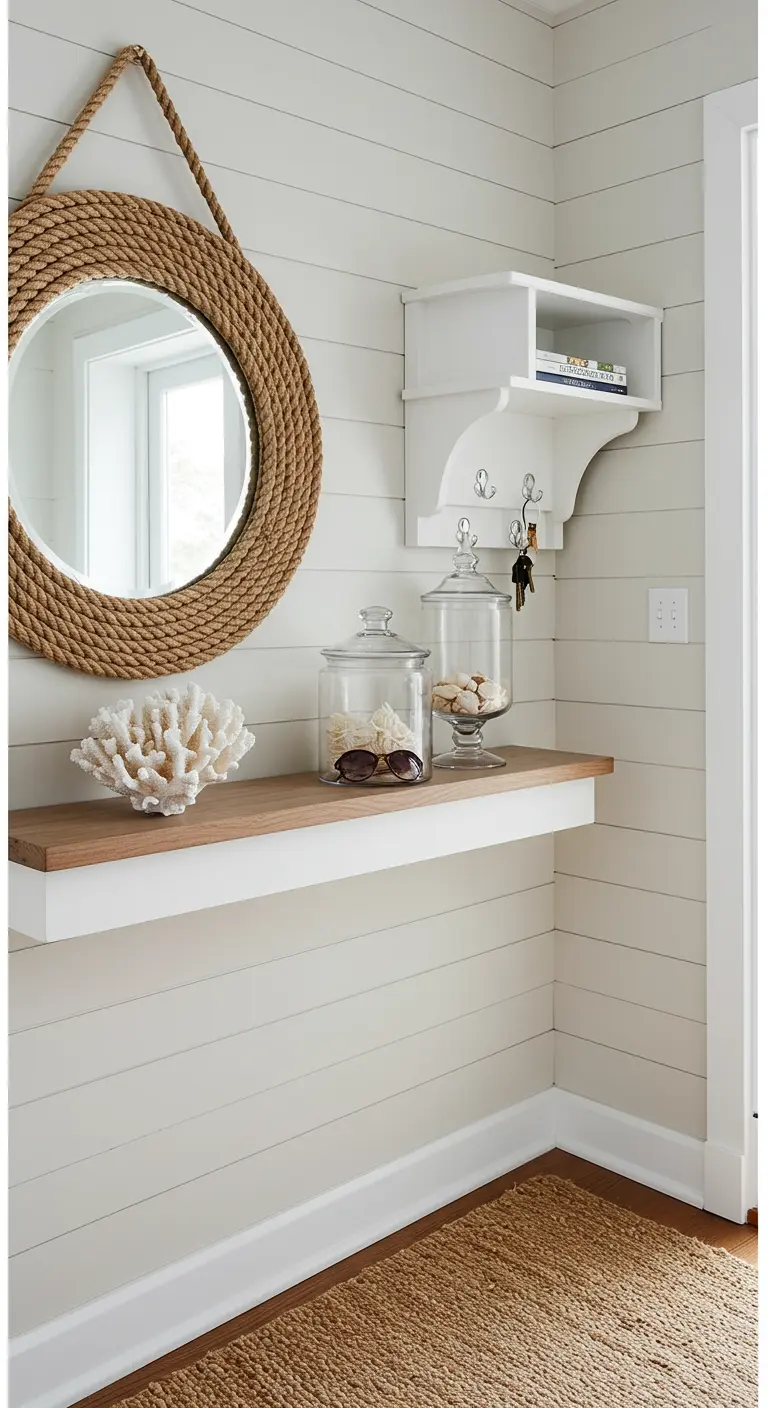 Coastal entryway with a rope-framed mirror, floating shelf, and shiplap walls.