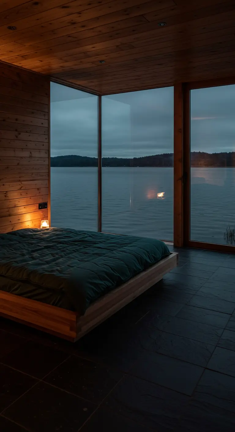 A wood-paneled bedroom with a dark slate floor, looking out onto a calm lake at dusk.