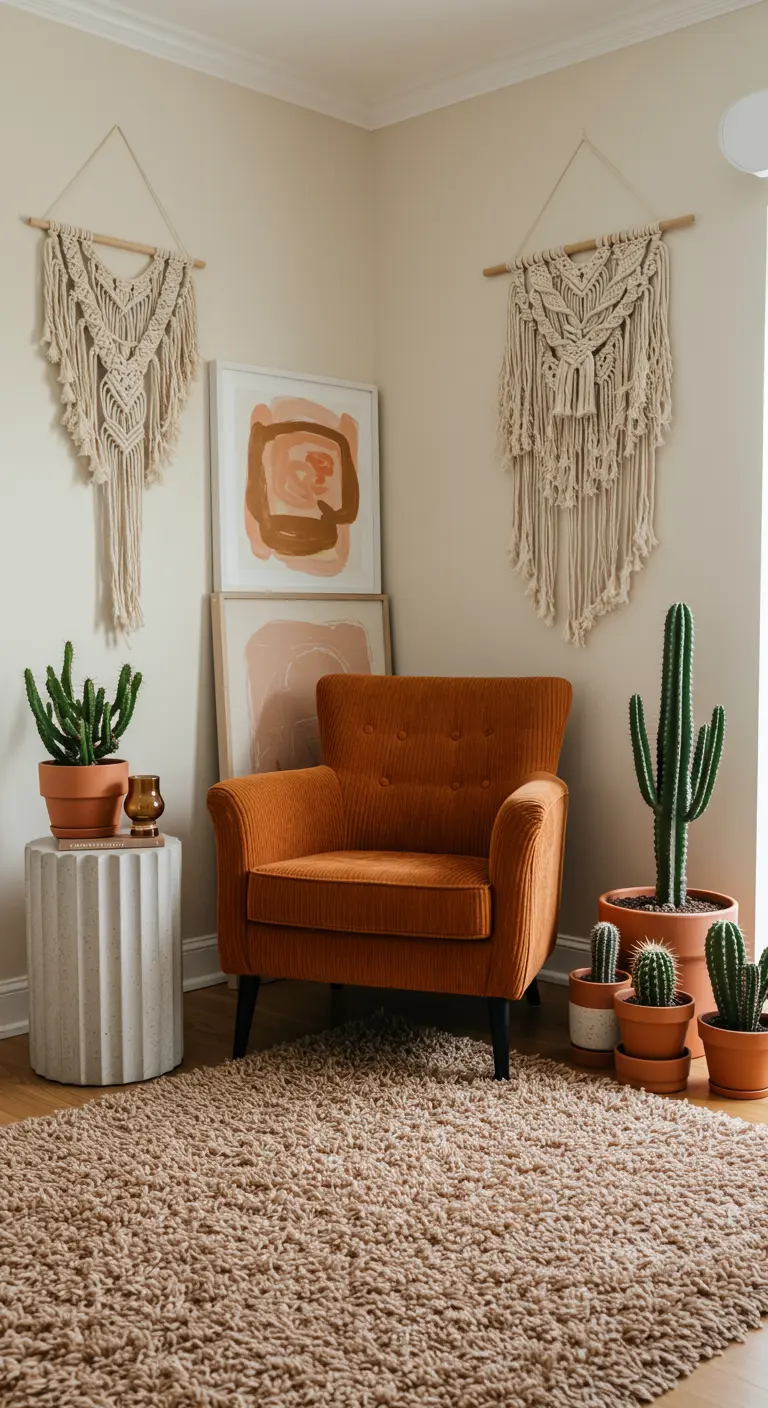 A cozy corner with a burnt orange armchair, macrame wall hangings, and various cacti.