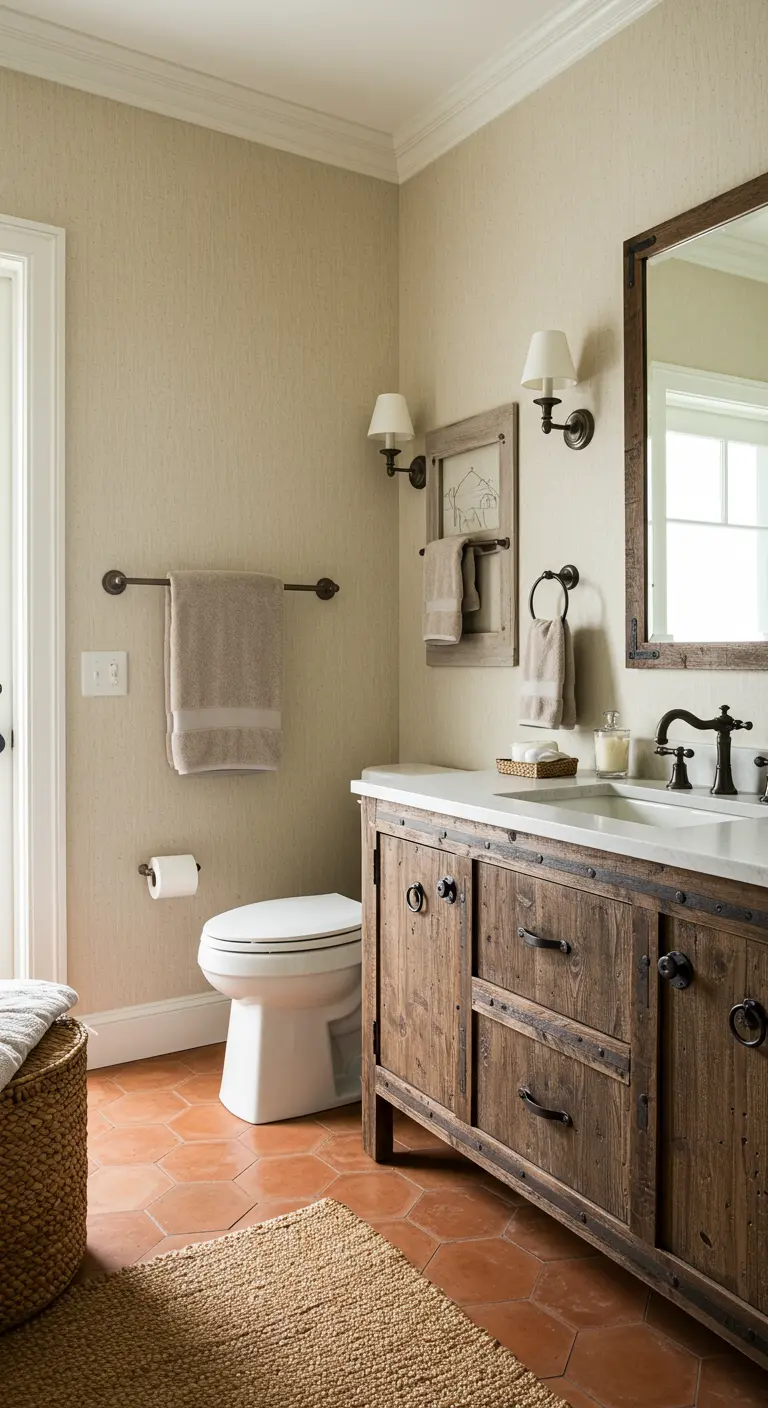 Bathroom with beige textured wallpaper, a dark wood vanity, and terracotta hex tile floors.