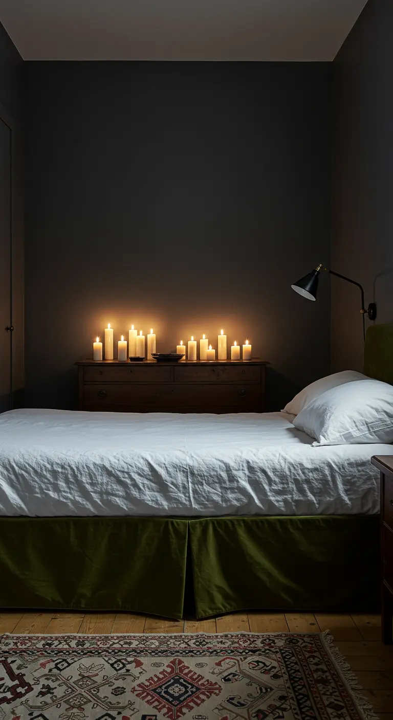 A long row of lit pillar candles on a dresser behind a bed creates a glowing headboard.