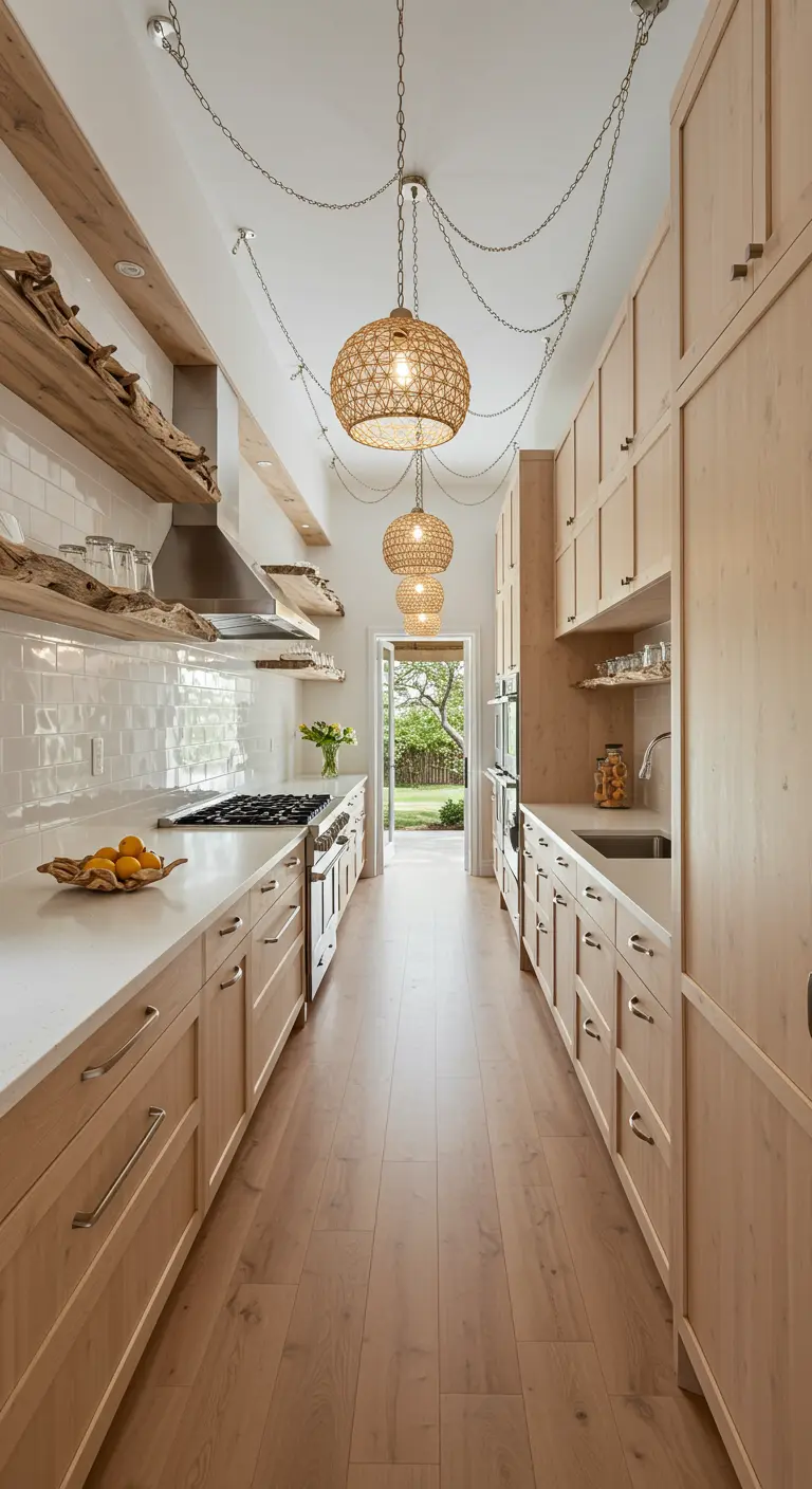Globe pendants with draped chains hang down the length of a galley kitchen with driftwood shelves.