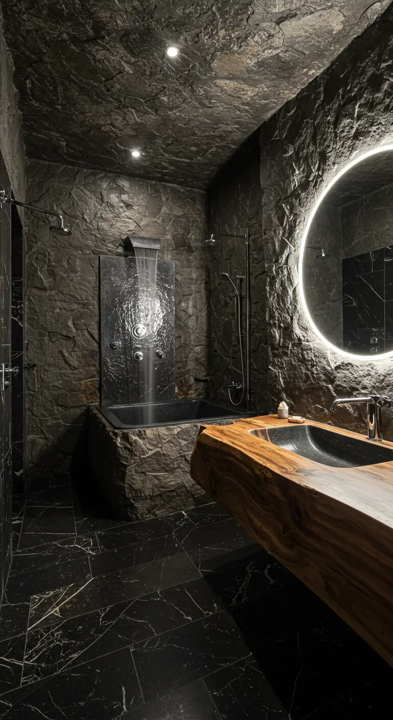 A cave-like bathroom with rough, dark stone walls, a live-edge wood vanity, and a waterfall tub filler.