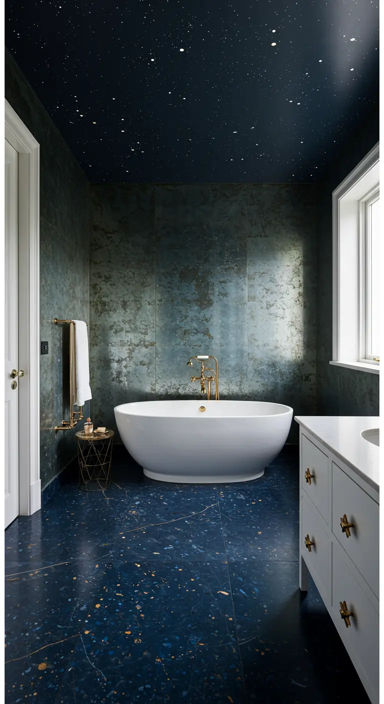 Moody bathroom with a starry night ceiling, antiqued walls, and a blue terrazzo floor.