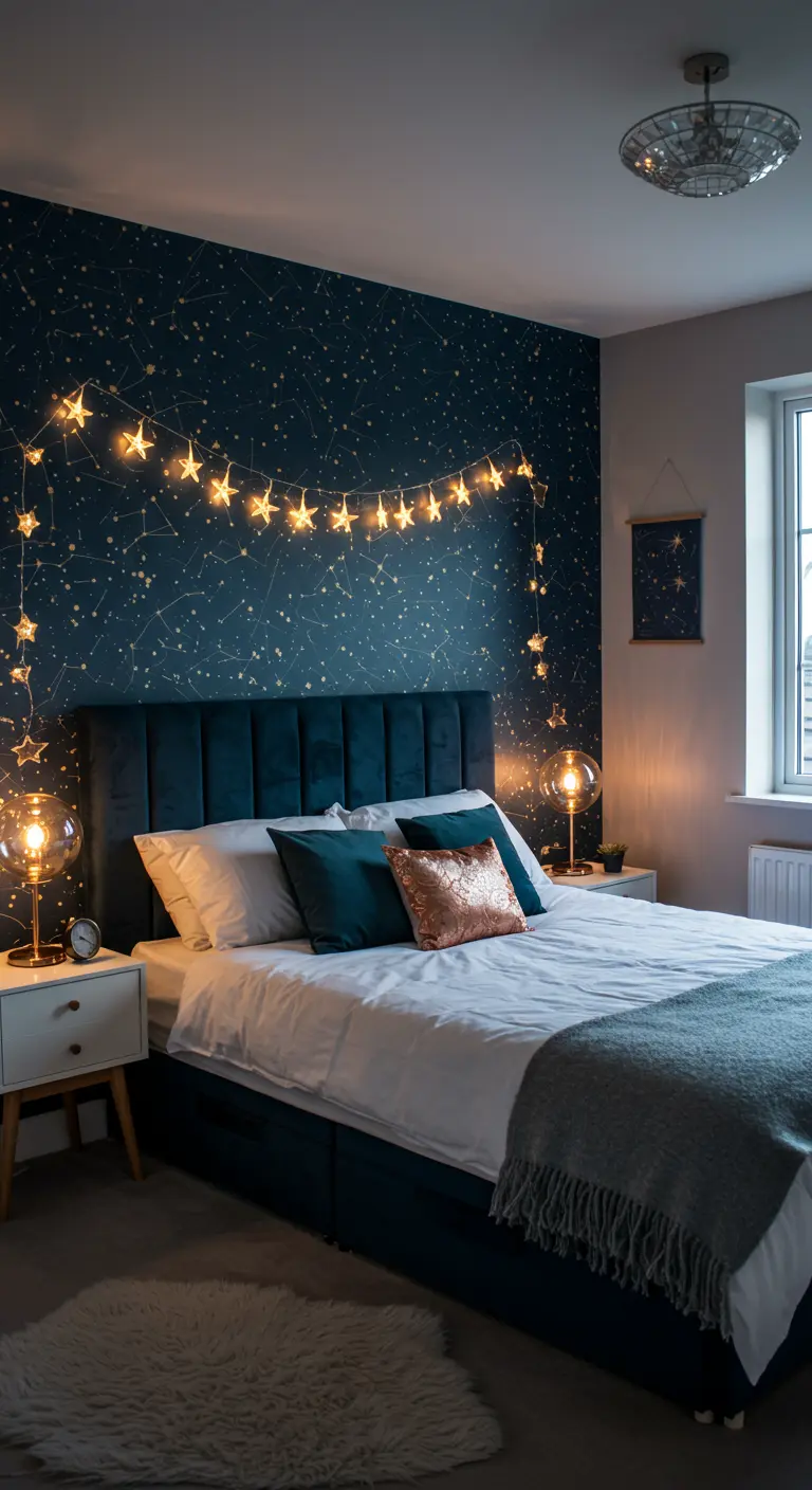 Bedroom with constellation wallpaper, a navy velvet headboard, and star string lights.