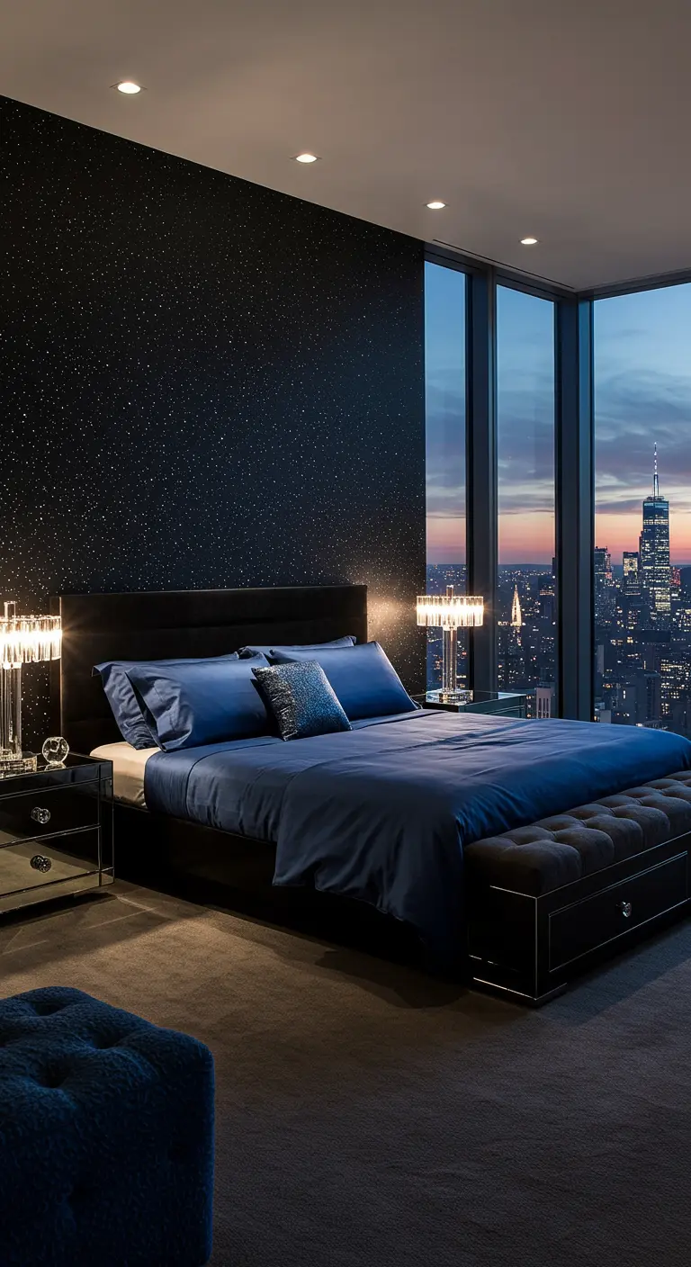Modern high-rise bedroom with a glittery black accent wall and navy blue silk bedding.