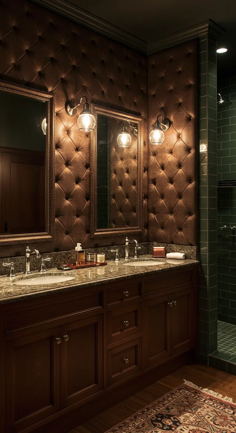 Classic bathroom with brown diamond-tufted walls and a dark wood double vanity.