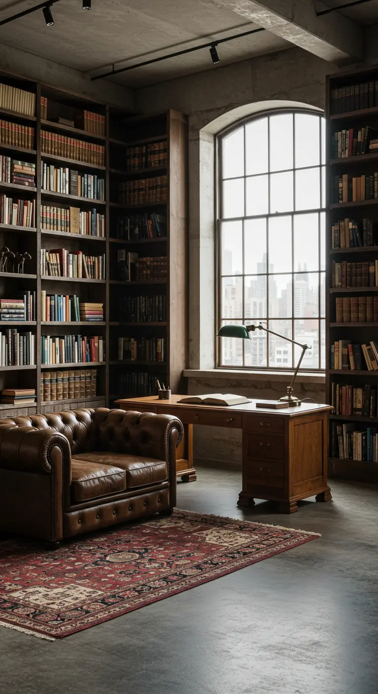 A loft corner transformed into a library with floor-to-ceiling bookshelves and a leather sofa.