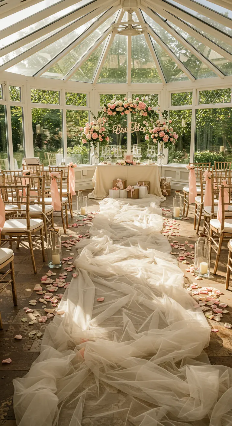 A wedding aisle covered in flowing ivory tulle and rose petals.