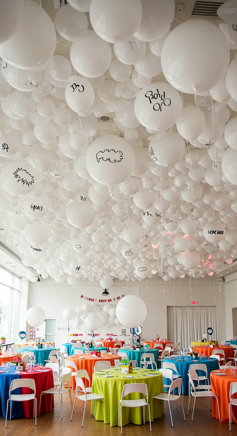 A ceiling covered in white balloons with hand-drawn comic book sounds.