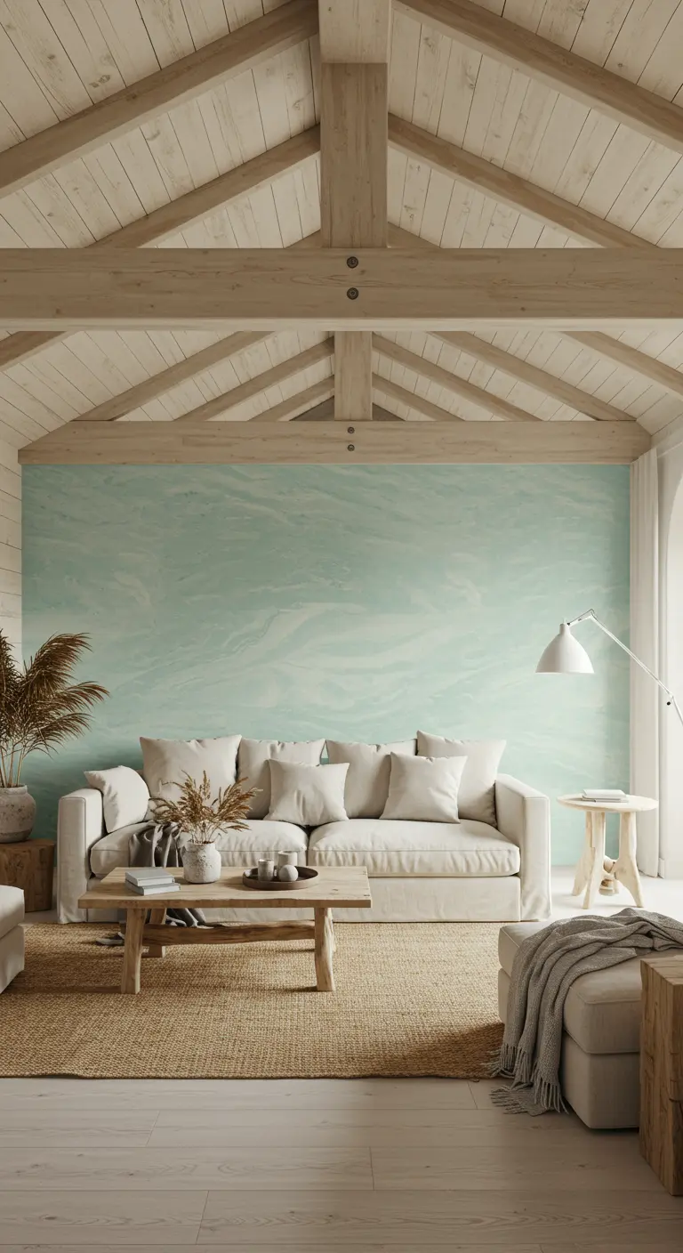 Airy loft with light wood beams, a seafoam green accent wall, and a neutral slipcovered sofa.