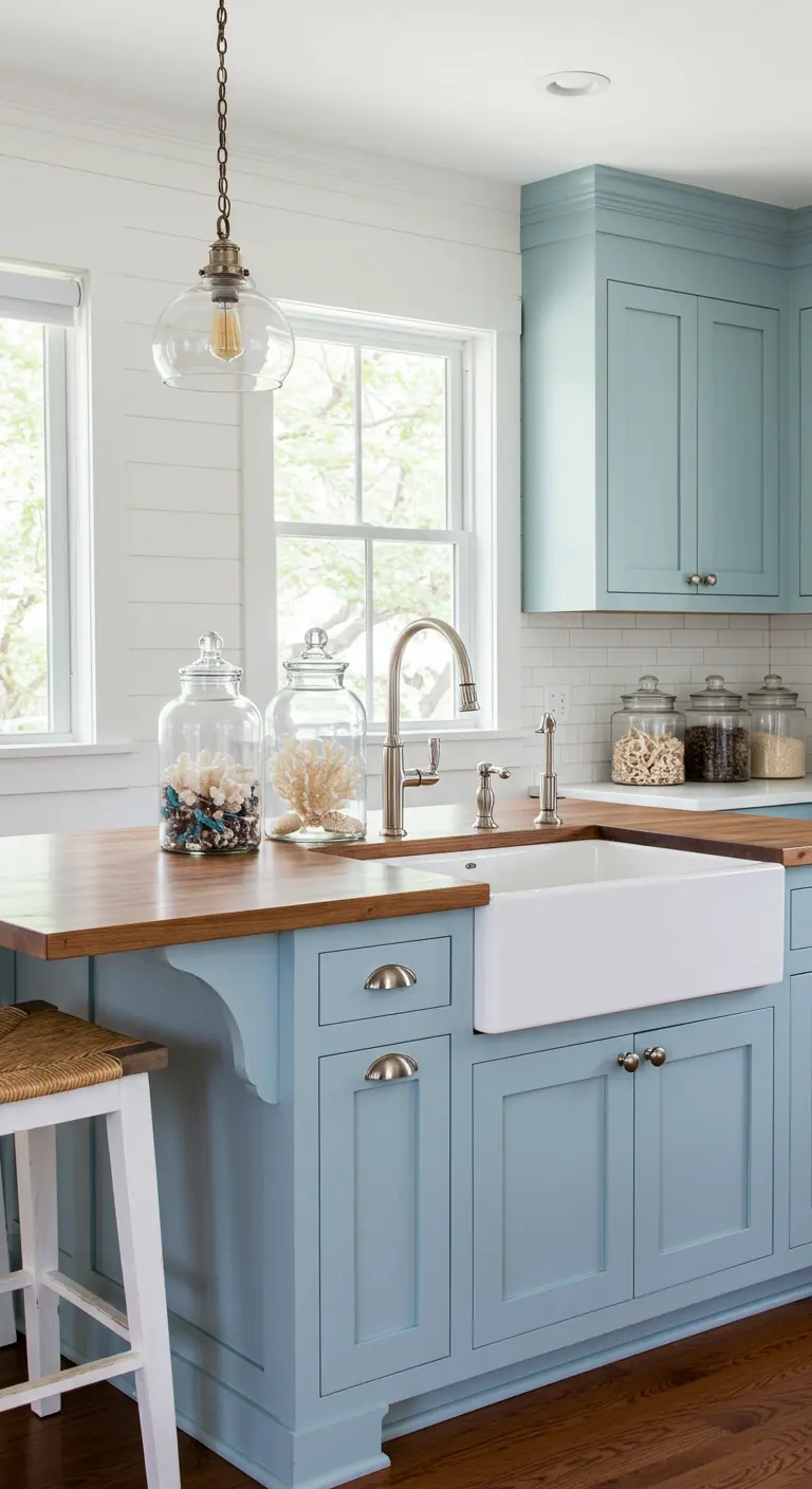 Coastal farmhouse kitchen with light blue cabinets and a butcher block island top.