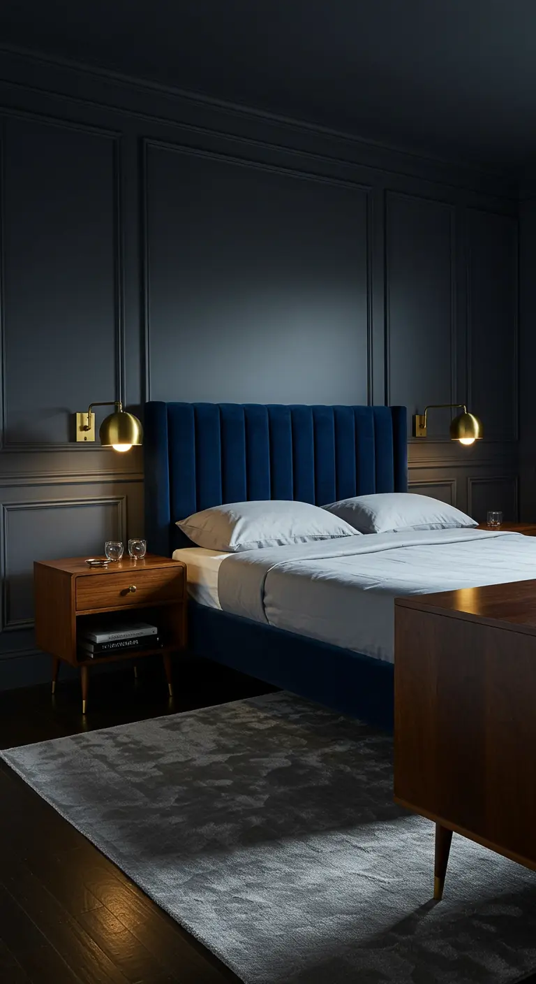 Moody bedroom with charcoal panelled walls, a blue velvet bed, and matching brass wall sconces.