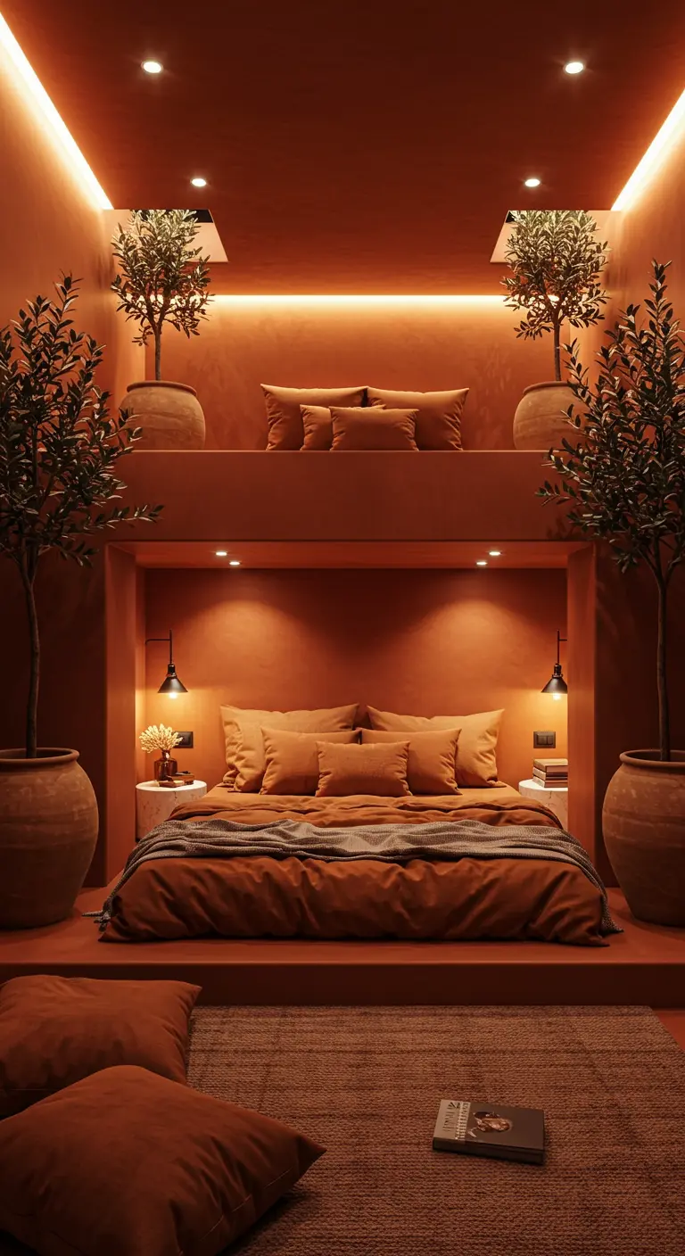 A bedroom drenched in terracotta color with a recessed bed and mood lighting.