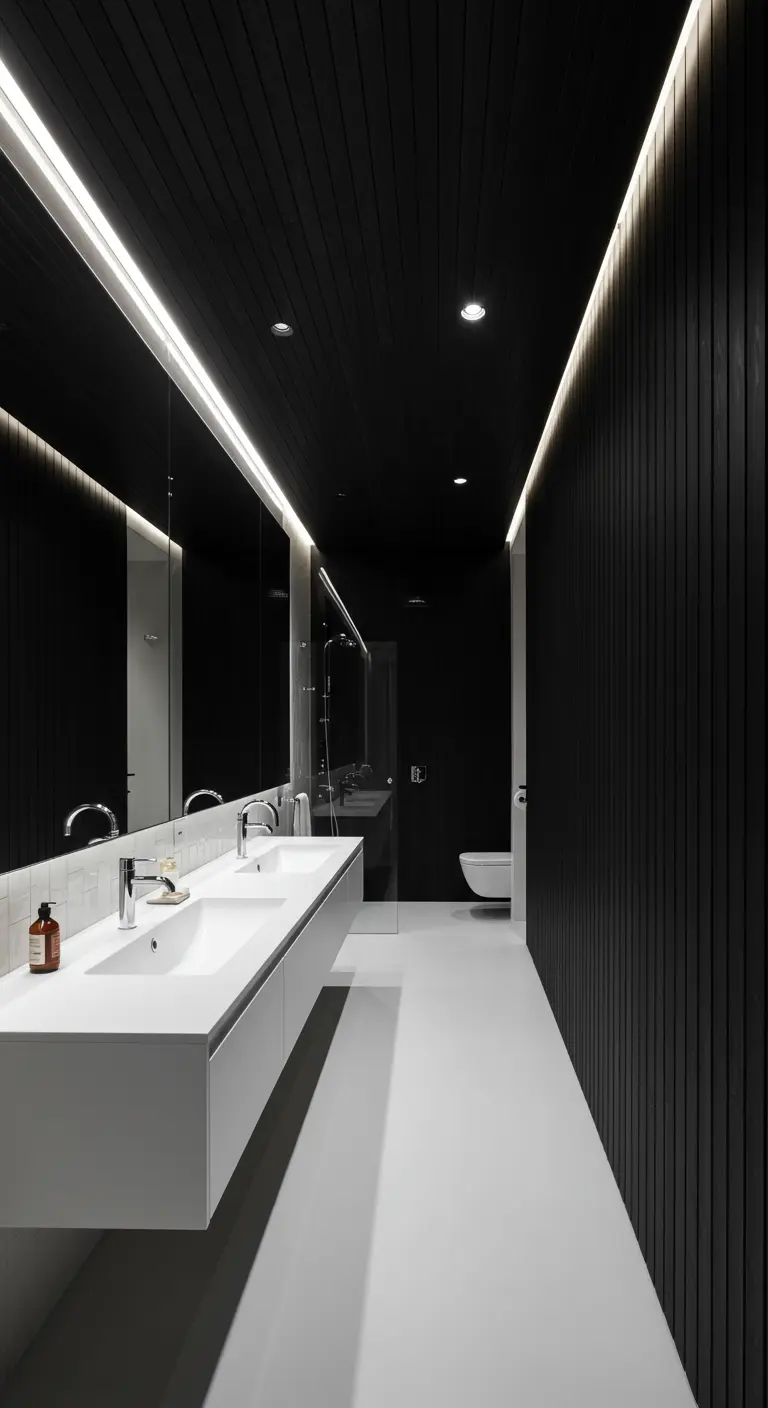 Long bathroom with black vertical wood slat walls and a bright white floor.