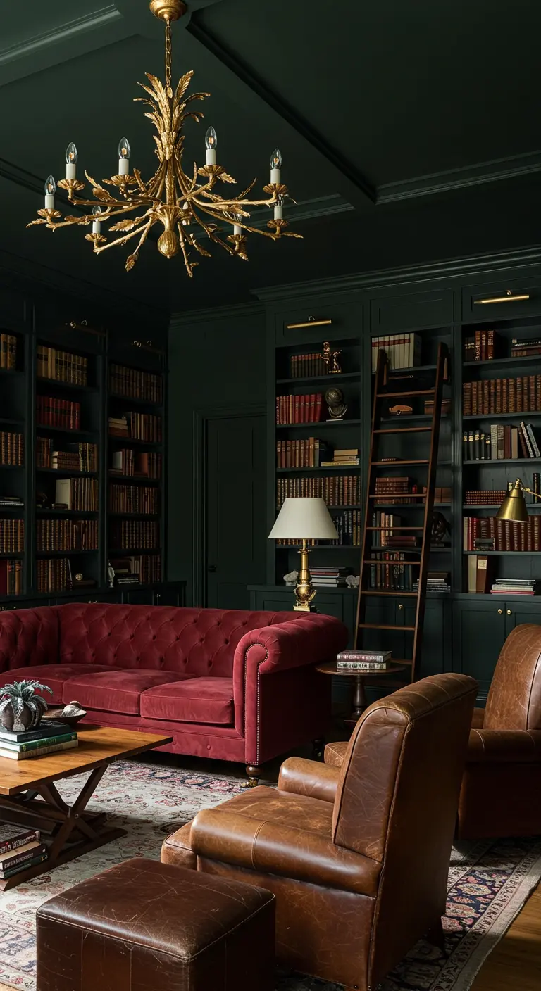Dark green library with built-in bookshelves, a red velvet sofa, and a gold leaf chandelier.