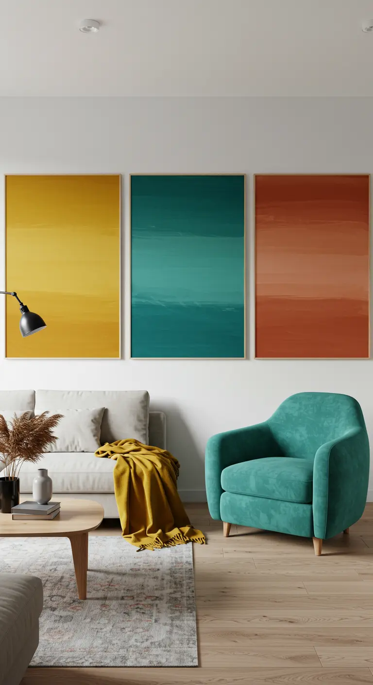 Three large art canvases hang side-by-side, each a solid color: mustard, teal, and terracotta.